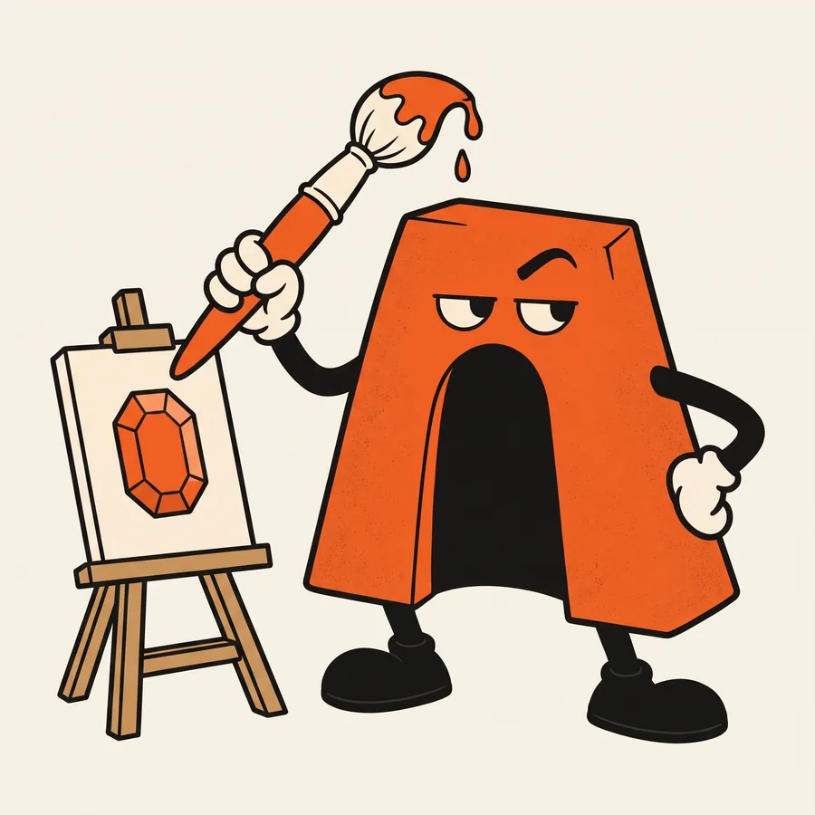 Illustration of Arch, the Arcabo Games mascot, painting a gem symbol at an easel
