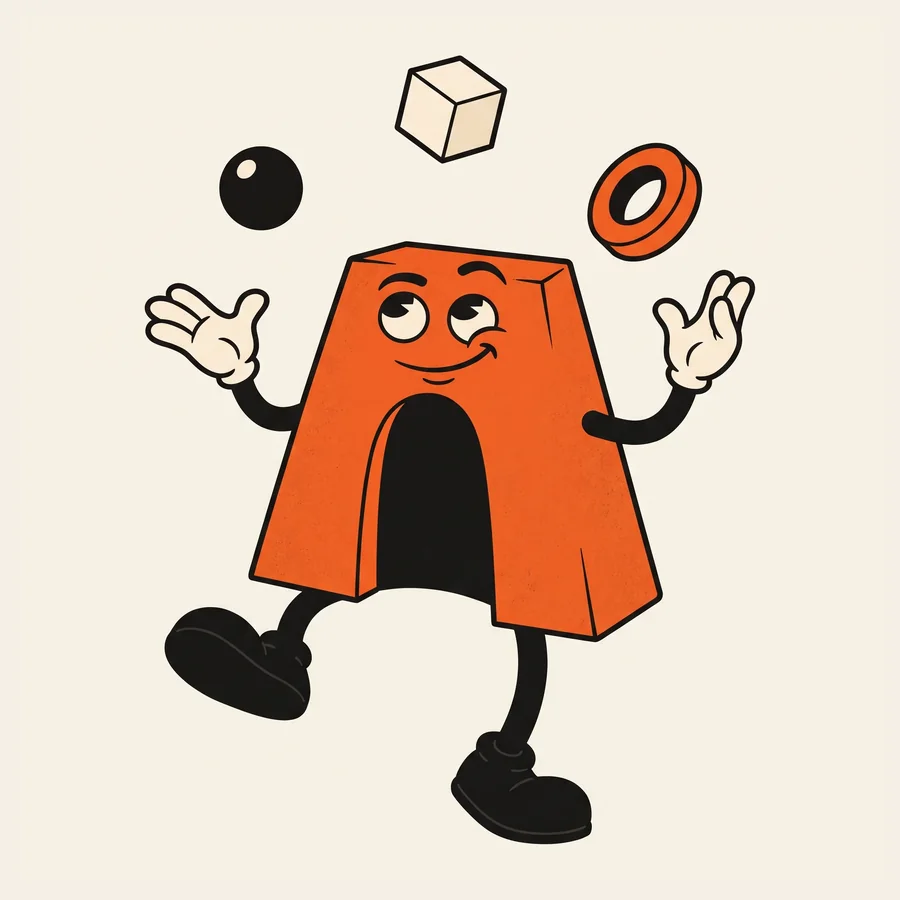 Illustration of Arch, the Arcabo Games mascot, juggling a ball, a cube and a ring