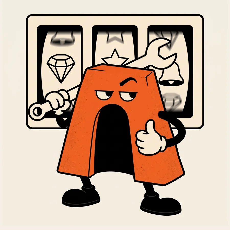 Illustration of Arch, the Arcabo Games mascot, with a wrench in front of three slot reels