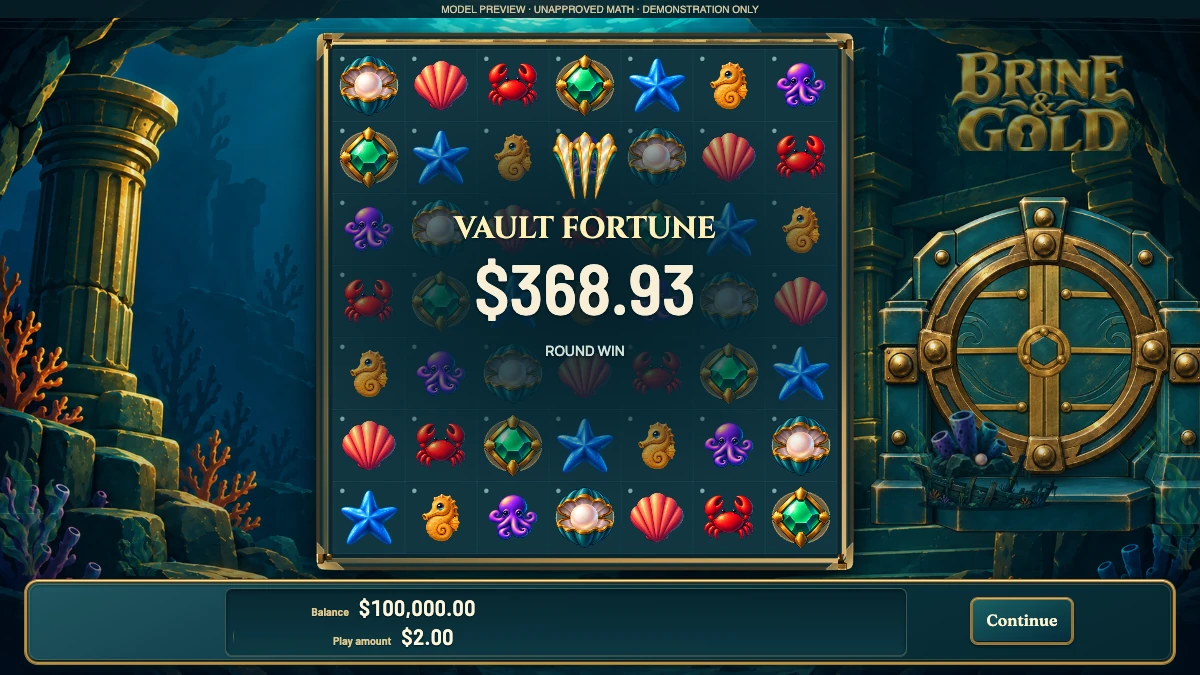 Brine and Gold Vault Fortune result presentation over the underwater game board