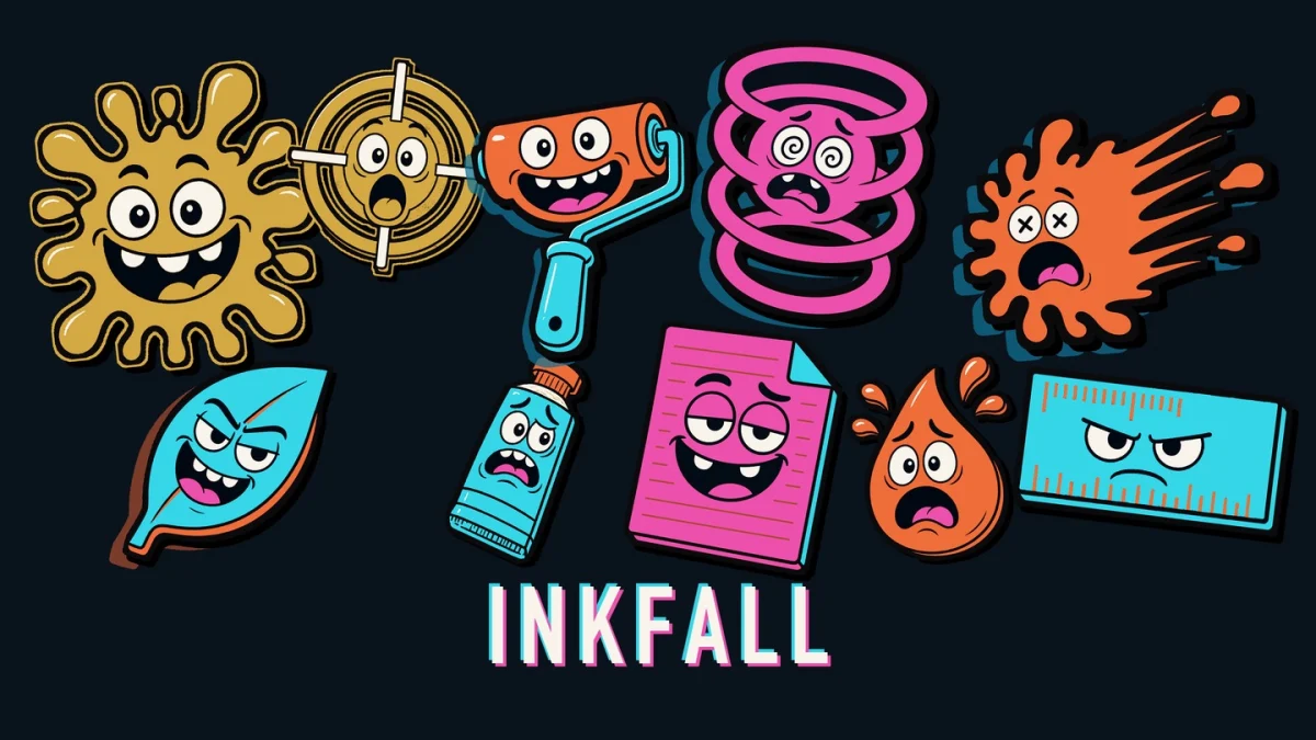 Inkfall title surrounded by colourful illustrated stationery characters