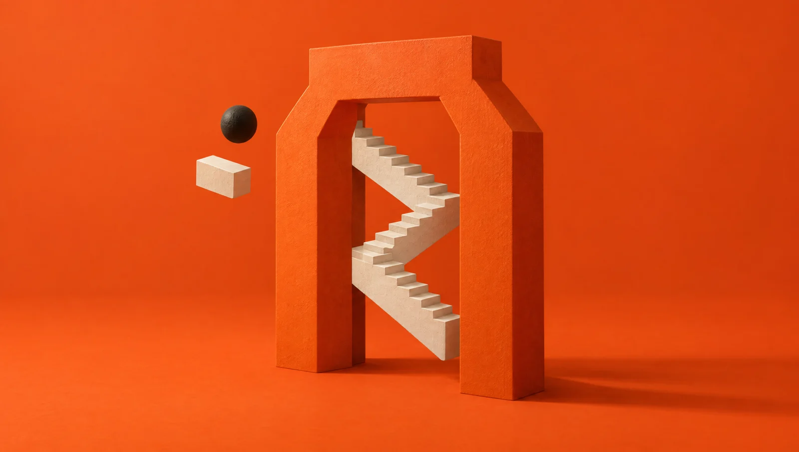 An impossible ivory staircase inside a sculptural orange gateway